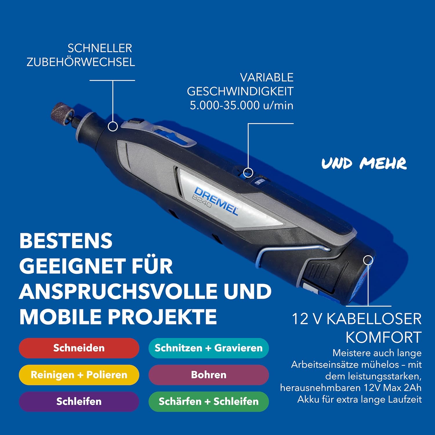 Dremel 8240 Akku-Multitool 12V 2Ah, Multifunktionswerkzeug Set mit 2 Akkus, 5 Auf-und Vorsätze, 1 Dremel BOX, 65 Zubehören zum Schneiden, Gravieren, Schleifen, Polieren, Schärfen, Bohren