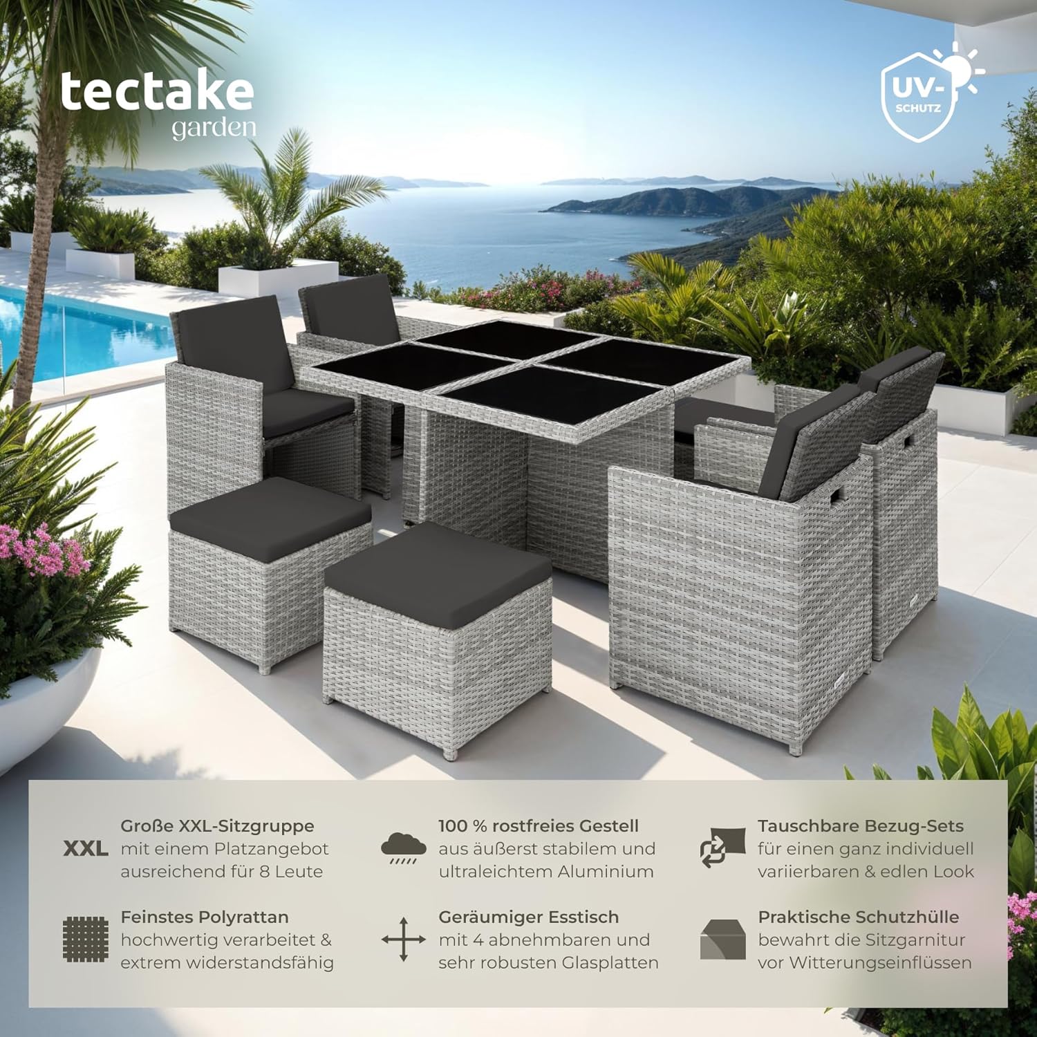 tectake® Lounge Möbel Set 4X Stühle, 4X Hocker, 1x Tisch, platzsparende Cube Aufbewahrung, Outdoor Rattan Gartenmöbel für Balkon, Garten und Terrasse, mit Abdeckung und Wechselbezügen - hellgrau