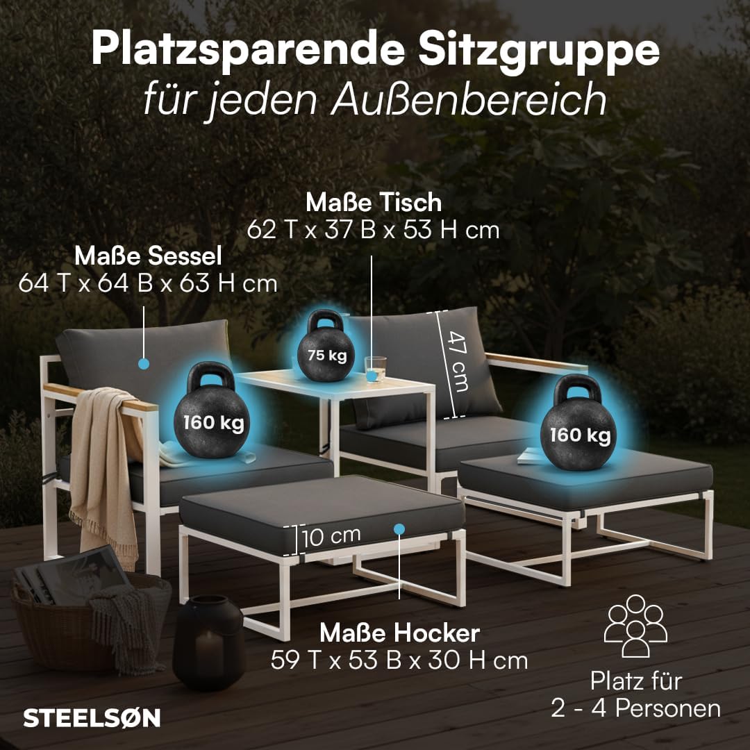 STEELSØN Gartenmöbel Set 5-TLG Asteri, Gartenlounge für 2-4 Personen, Balkonmöbel Set wetterfest inkl. 2 Sessel, 2 Hocker und 1 Tisch, Terrassenmöbel aus Metall mit Kissen Weiß