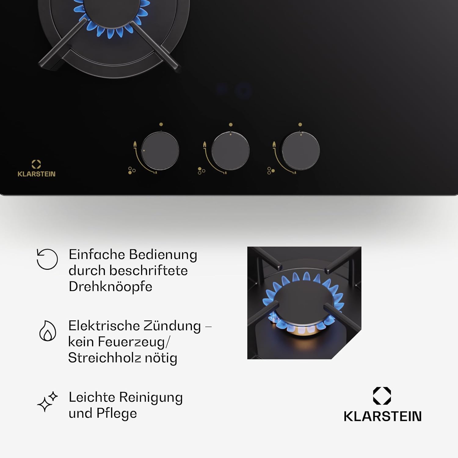 Klarstein Gasherd, Gaskochfeld 4 Flammig, Einbau-Gaskocher für Zuhause & Wohnmobil, Campingkocher mit Glasplatte, Gasherd für Propan- und Erdgas, Edelstahl Gas-Herdplatte Wok Brenner 8000 Watt