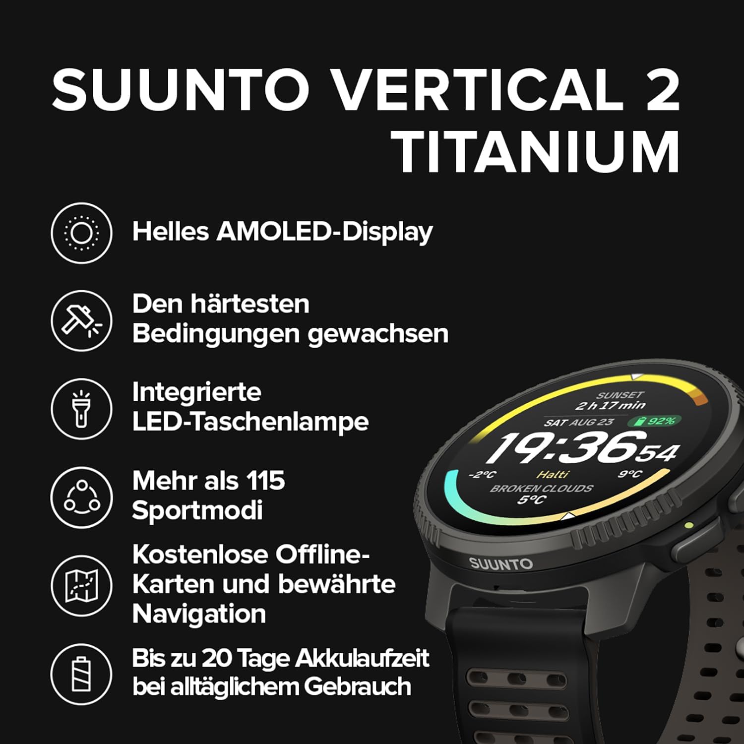 SUUNTO Vertical 2 Abenteuer-Uhr, Dual-Frequenz GPS, 115+ Sportmodi, 1,5 Zoll Touchscreen, Kostenlose globale Offline-Karten, 40 Tage Akkulaufzeit, Für Training & tägliche Abenteuer