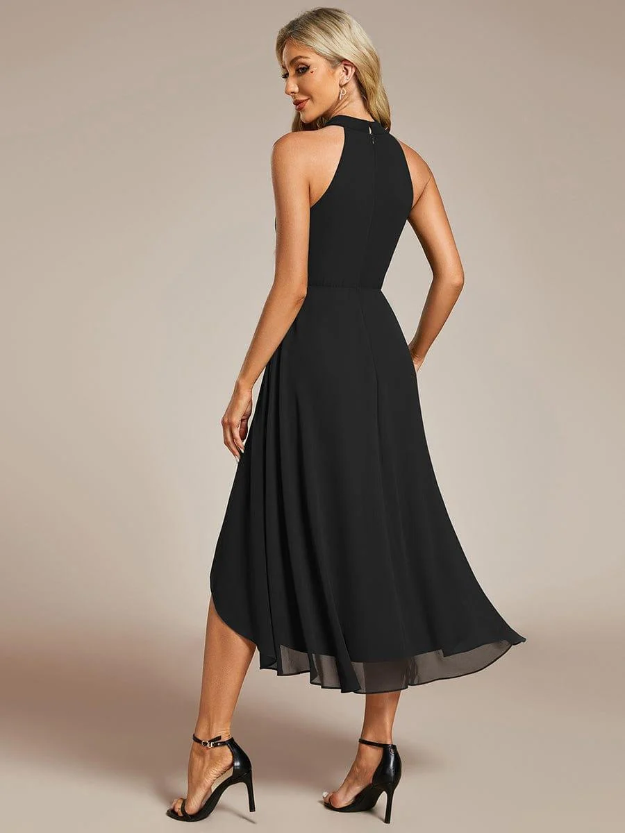 Damen Chiffon Midi-Kleid in A-Linie | Festliches Halterneck Kleid mit Plissee-Details | Sommerliches Kleid f��r Hochzeitsg?ste