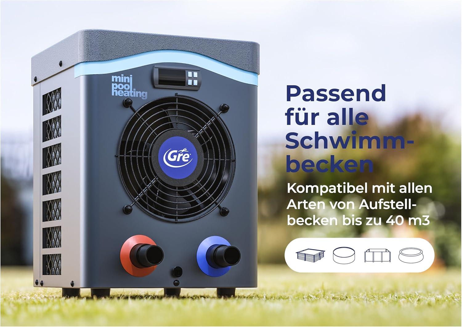 Gre HPM20 – Mini-Wärmepumpe für Aufstellpools bis zu 20 m³, Heizsystem für Aufstellpools, Farbe Grau