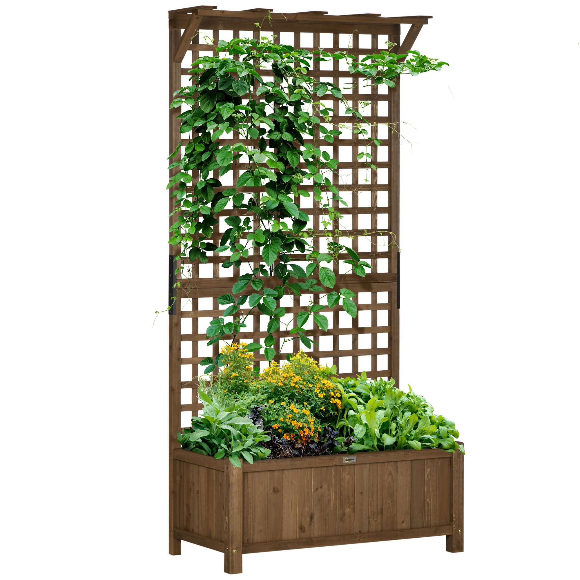 Outsunny Verhoogde plantenbak met trellis en dak, bloembak, bloemenbed, weerbestendig, hout, 90 x 45 x 183 cm, Bruin