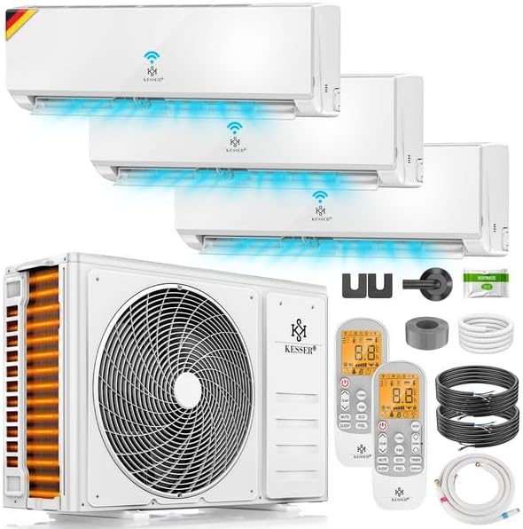 KESSER® Multisplit Klimaanlage 3 Innengeräte, 27000 BTU, Split Klimagerät Set mit WiFi/App, Heizen & Kühlen, Inverter, Eco-Modus, Luftentfeuchter & Ventilator, sehr leise, R32, Montagematerial