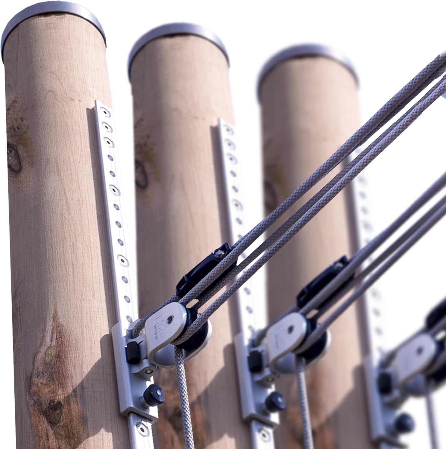 Sonnensegel Holzpfosten Set: aus Robinie höhenverstellbar 3m, inkl. Zubehör - 4-Fach Flaschenzug-Set & 0,75m Bodenhülse | Befestigung für sehr große Segel (100mm) (3er Set)