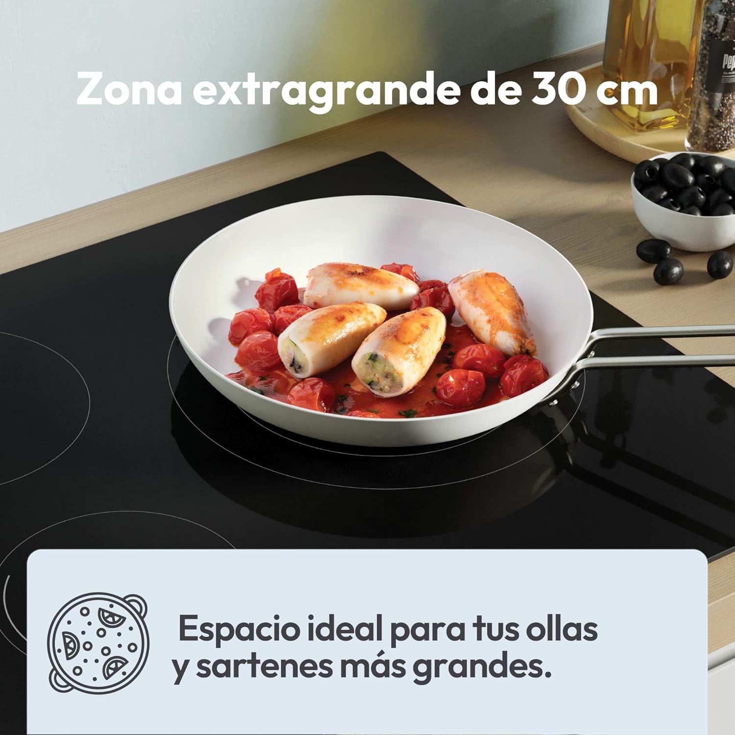 Candy CH63DCC Hob Ceramic Hob 60 cm, 3 Cooking Zones, Double 30 cm Paella Pan, Touch Control, 9 Power Levels, Safety System, Black