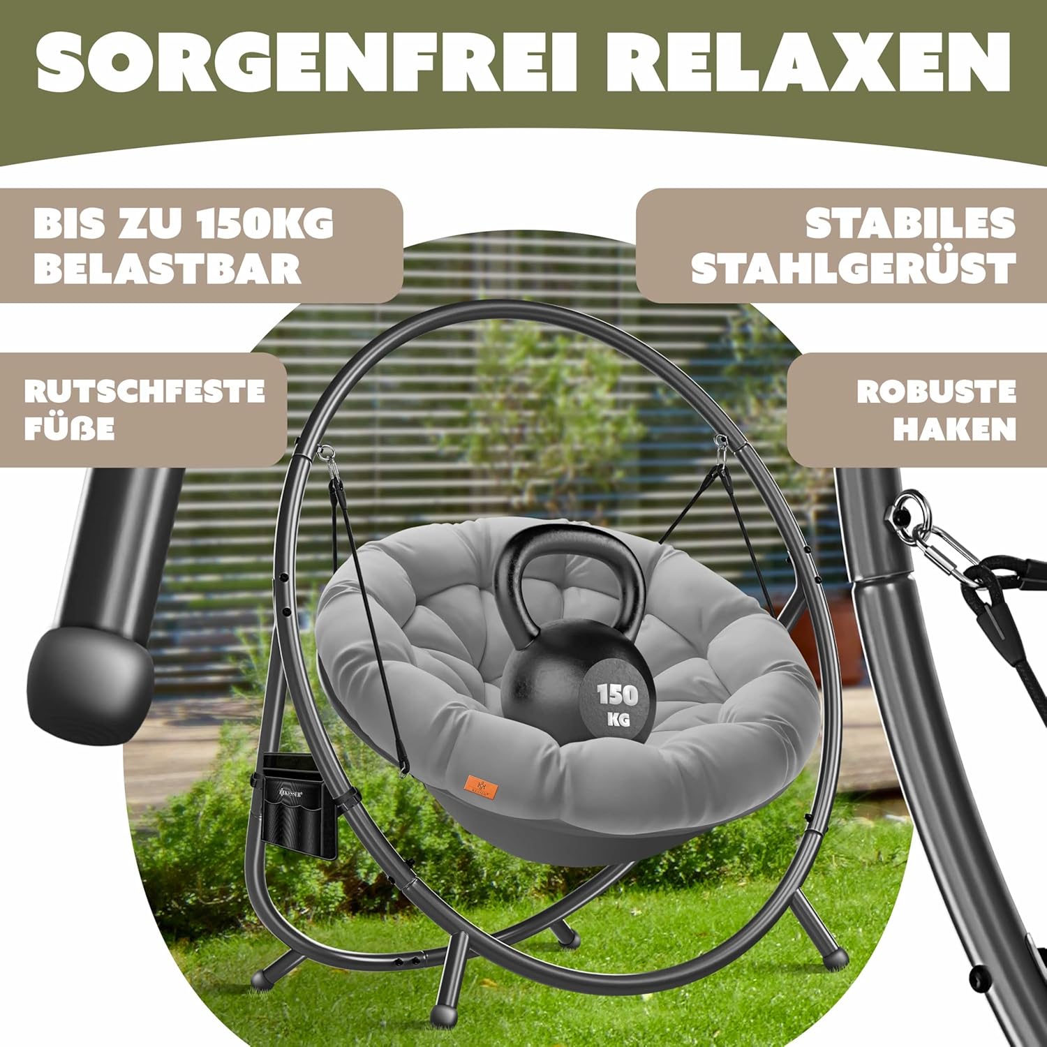 KESSER® Hängesessel mit Gestell Bali Hängeschaukel Hängestuhl bis 150kg für Indoor und Outdoor + Kissen & Seitentasche Hängekorb Stahlgestell & Schaumstoff Sitzpolster