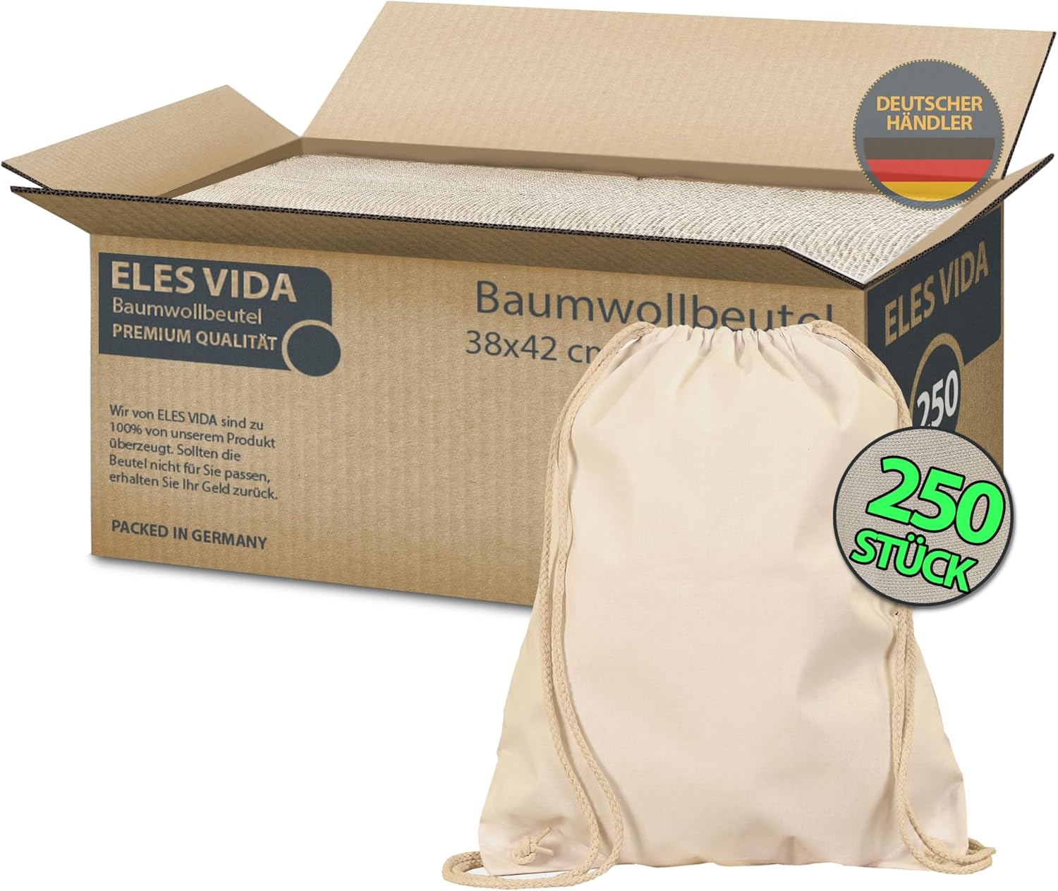 ELES VIDA Baumwollbeutel Sportbeutel - Rucksack Stofftasche Turnbeutel Bag, Beutel, Baumwollbeutel, Jutebeutel OEKO-TEX® zertifiziert Stoffbeutel Einkaufsbeutel Gym Sac Sack zum bemalen weiß