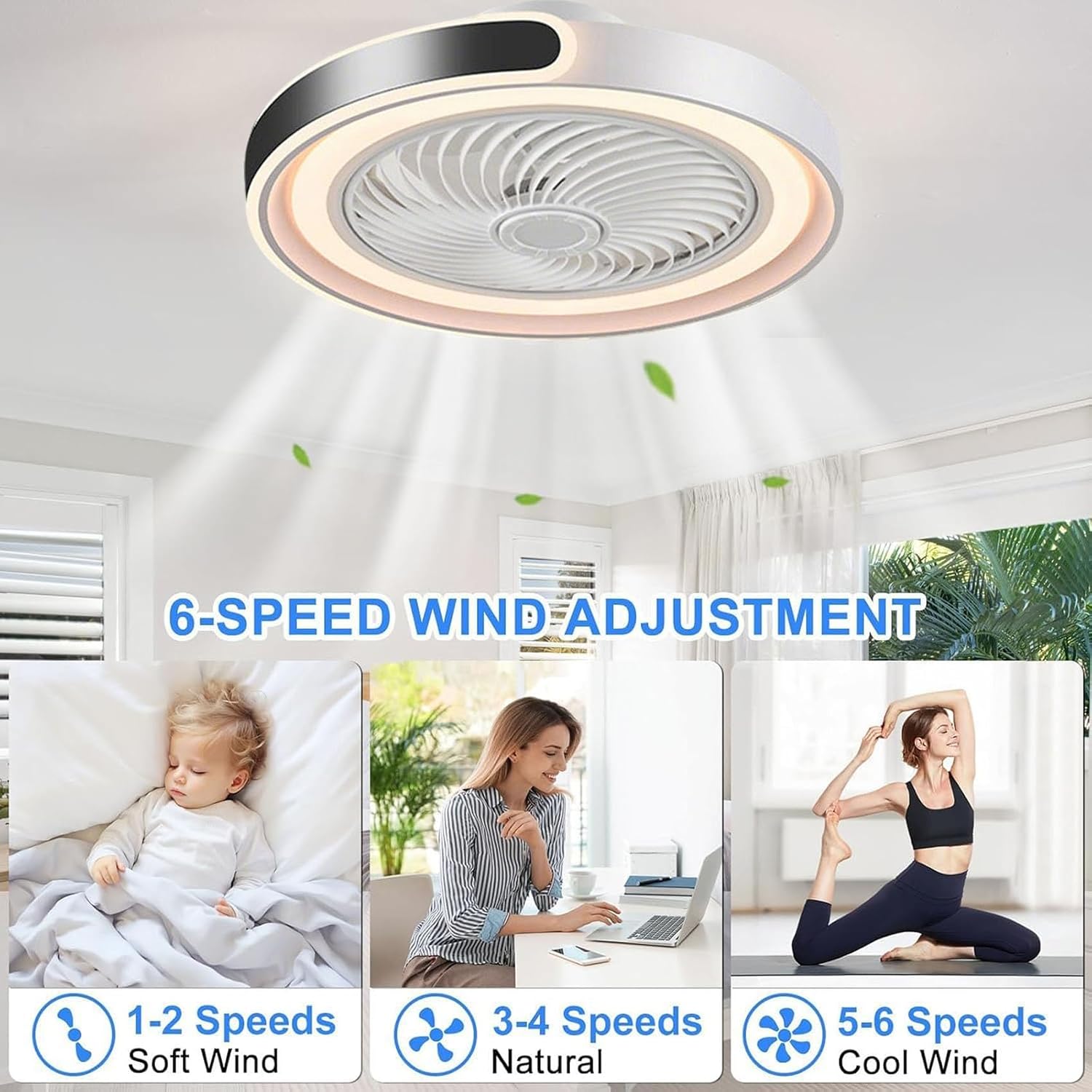 Modernité Rond Ventilateur Plafond Silencieux avec Lumiere,50cm Plafonnier Ventilateur LED Dimmable APP,Minuterie,6 Vitesses,pour Salon Chambre Salle à Manger Cuisine lampe(Black)