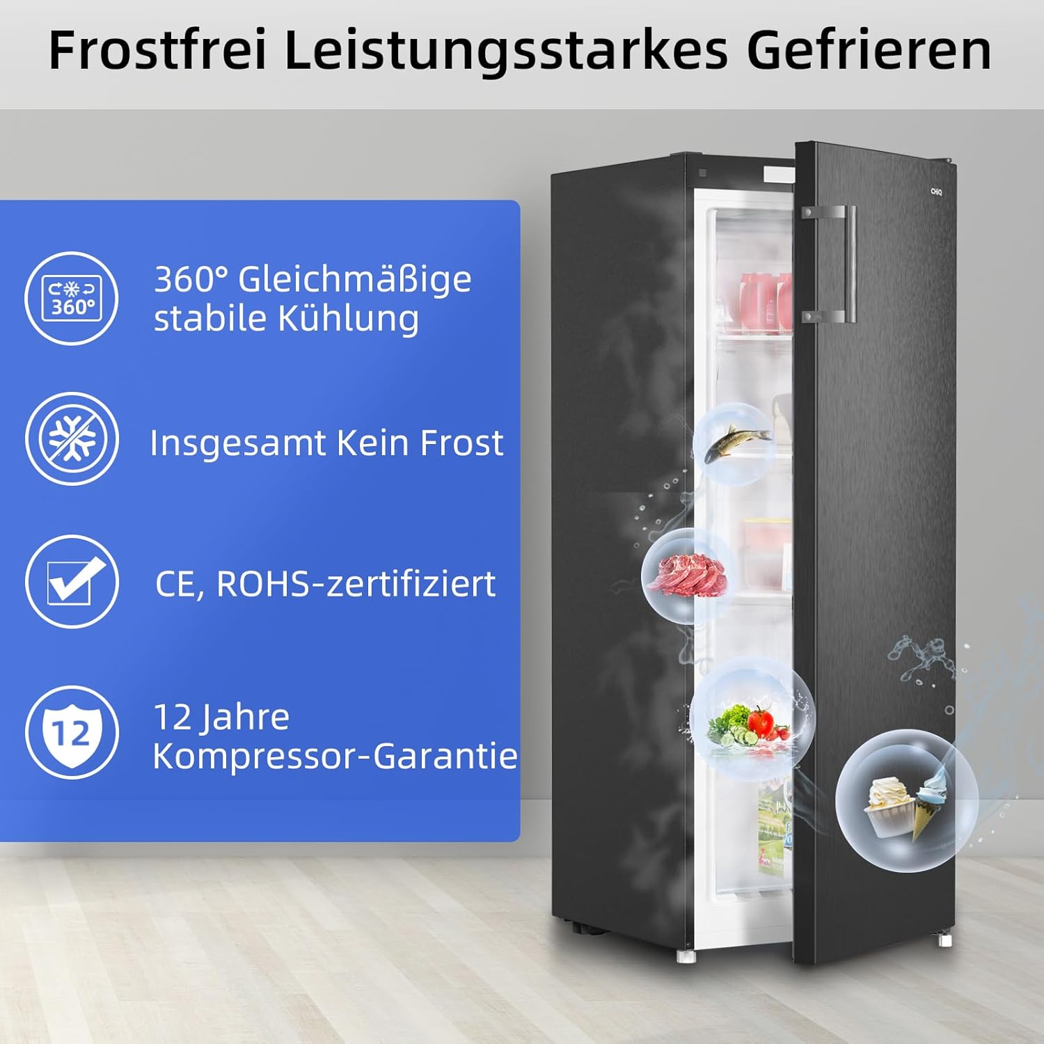 CHiQ FSD166NE4E Gefrierschrank 166 L, No Frost Technologie, Wechselbarer Türanschlag, Schwarzer Edelstahl, 144cm Höhe