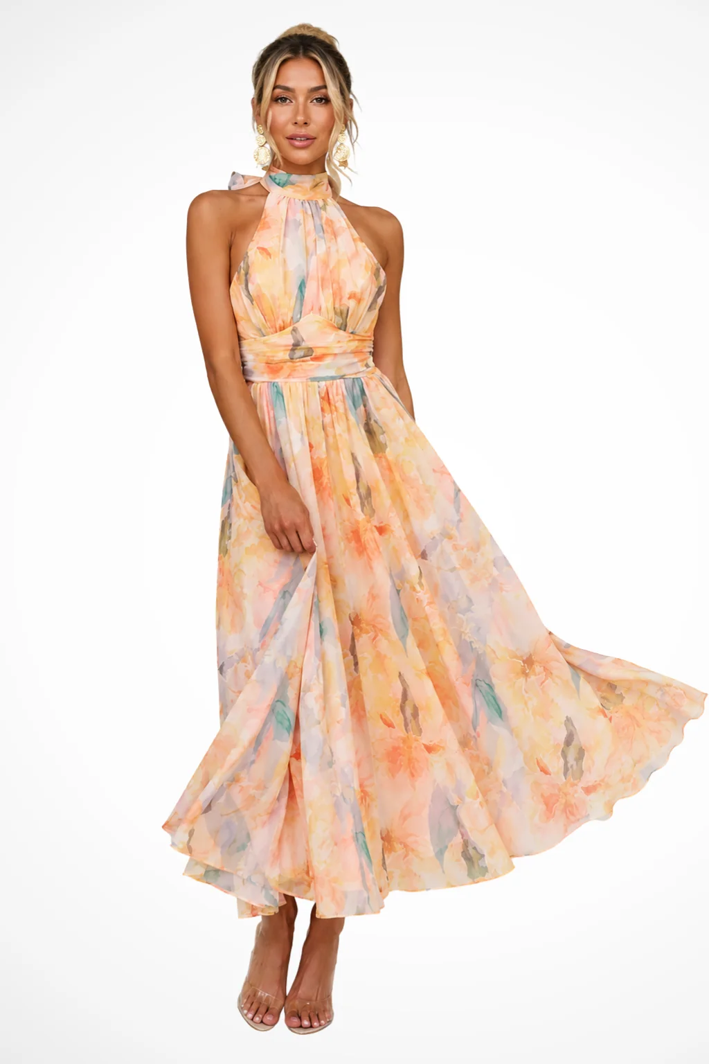 Damen Maxikleid mit Neckholder und Blumenmuster | Elegantes Chiffonkleid f��r Hochzeitsg?ste | Bodenlanges Sommerkleid