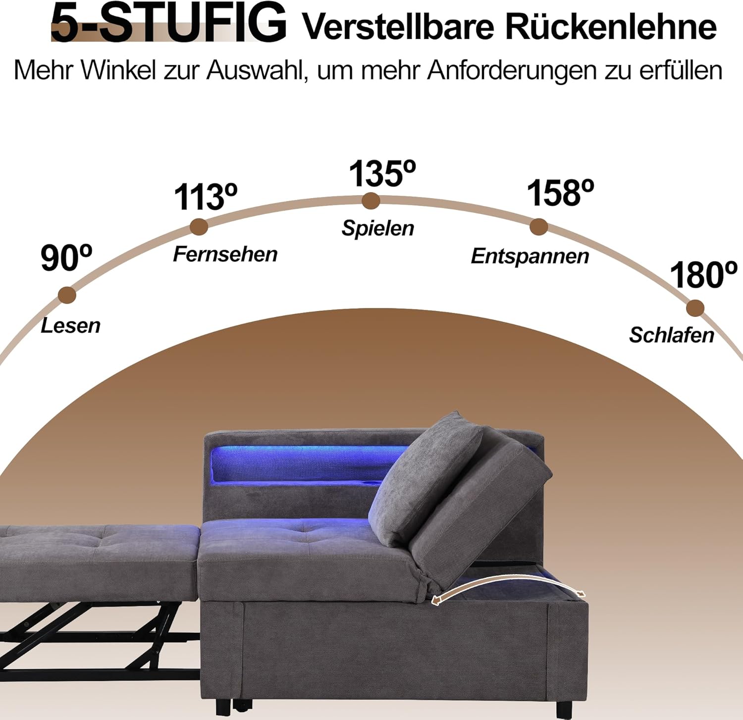 Polsterbett Schlafsofa 3 in 1 Multifunktions-Schlafsofa, Leinenstoffsofa mit Verstellbarer Rückenlehne, Die Armlehne verfügt über LED-Lichtleisten und USB-/Typ-C-Anschlüsse (Dunkelgrau)