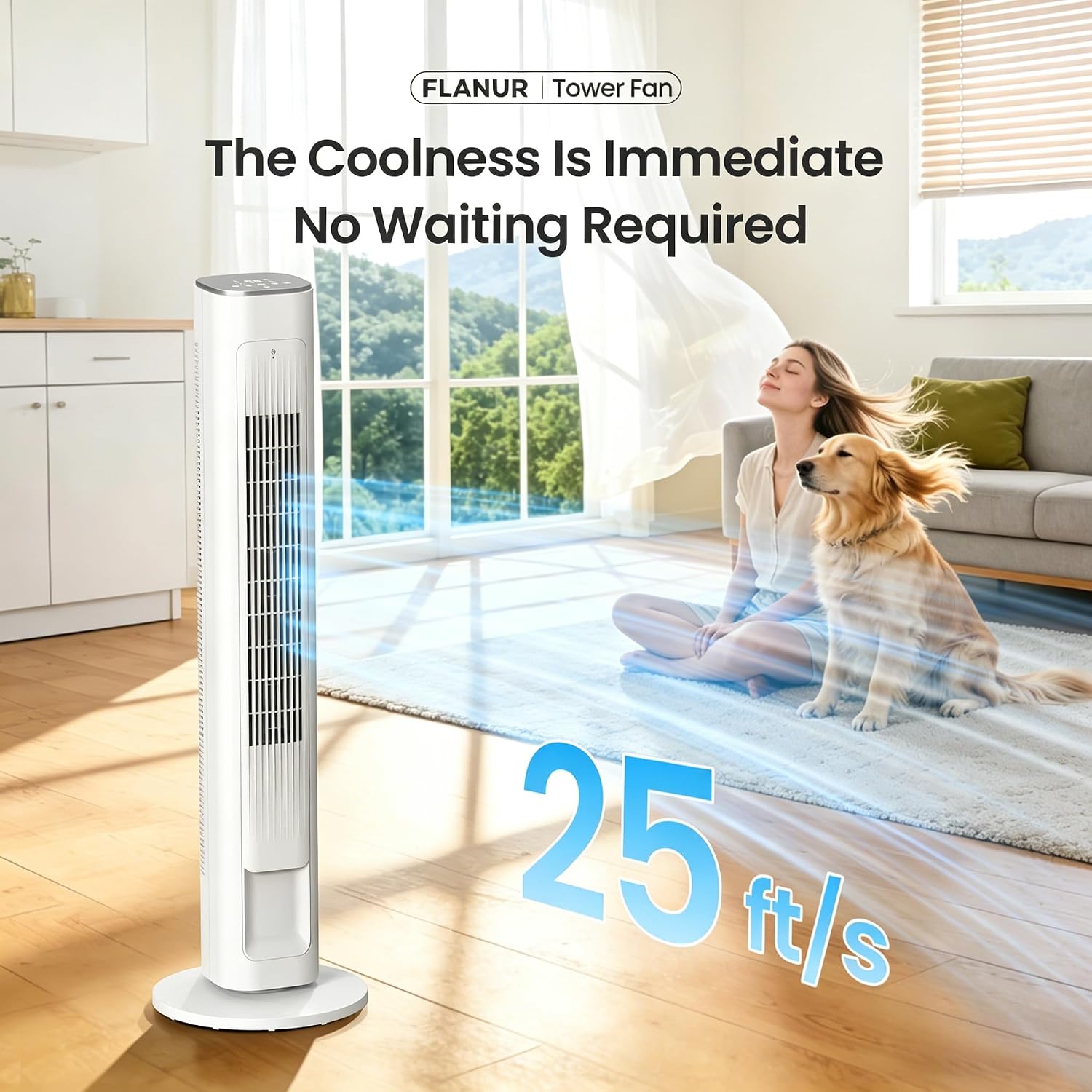 FLANUR Turmventilator, 28dB Ventilator Leise mit Kühlung, 108cm WiFi Alexa Tower Fan mit Fernbedienung, 90° oszillierender Standventilator, 4 Geschwindigkeiten 12Std Timer, Weiß, 1 Pack + 4 Modi