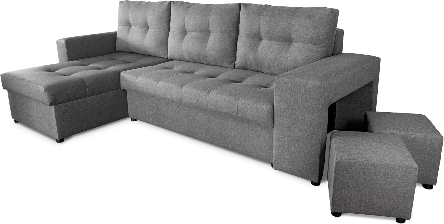 NAWSTOL - Sofa narożna Leon z funkcją spania i skrzynią na pościel – nowoczesna sofa do salonu – możliwość montażu z lewej lub prawej strony (szara + biała sztuczna skóra)