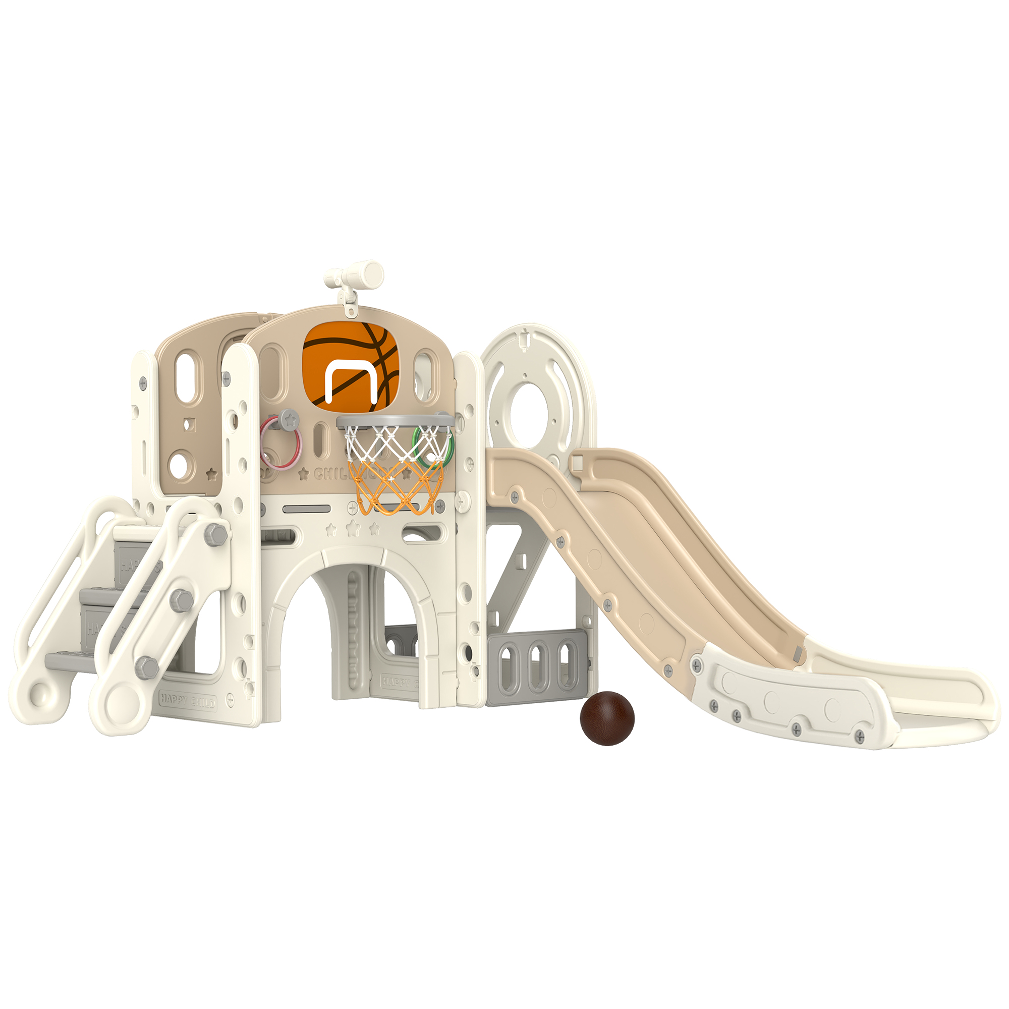 AIYAPLAY Kinder Speeltoestel, 7-in-1 Glijbaan, Binnenspeeltuin met Opslag en Kruipruimte, 186x153x111 cm, Cr��mewit