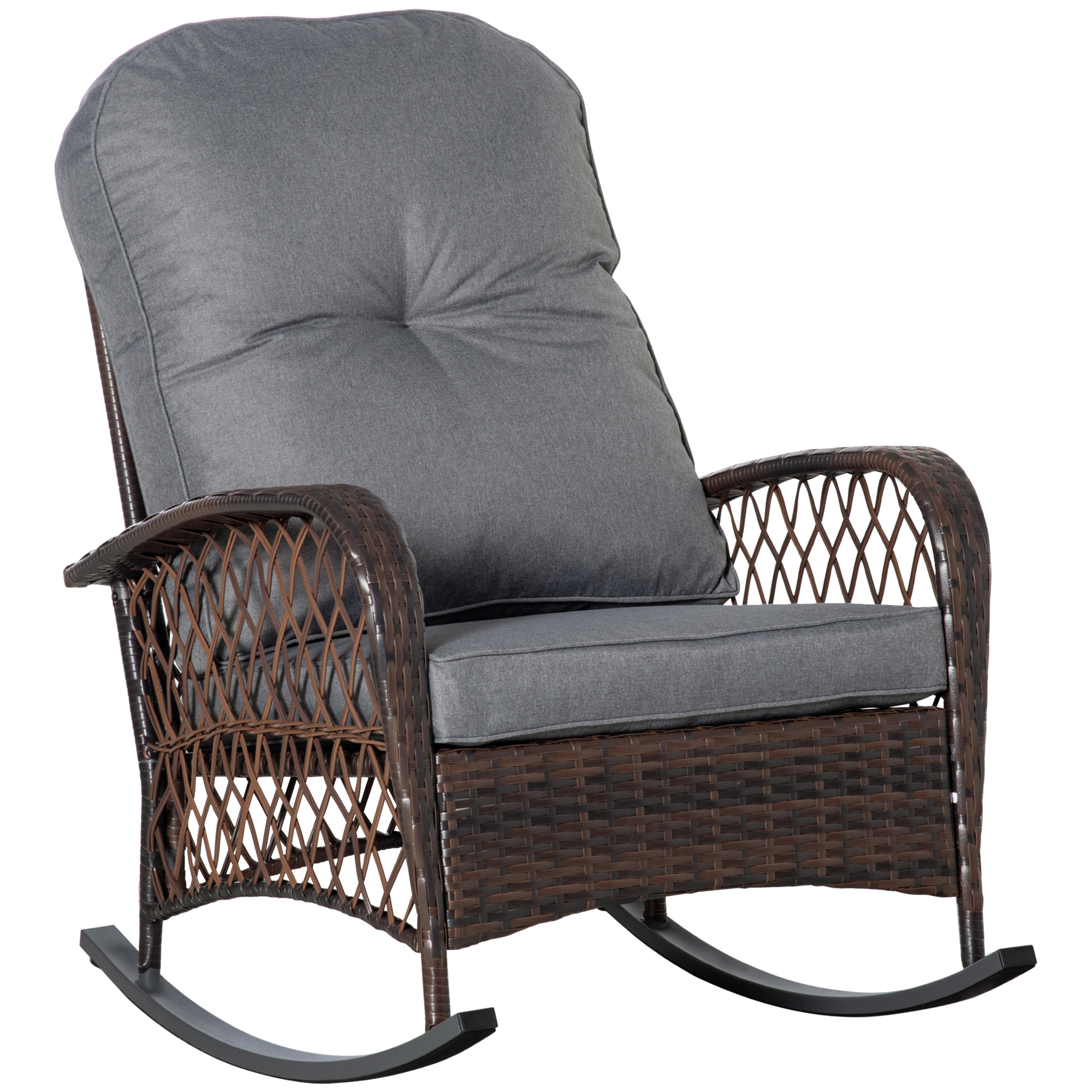 Outsunny poly rotan schommelstoel, schommelstoel, tuinstoel met kussen, loungemeubels, tuinmeubelen, terrasmeubels, bruin, 75 x 103 x 96 cm