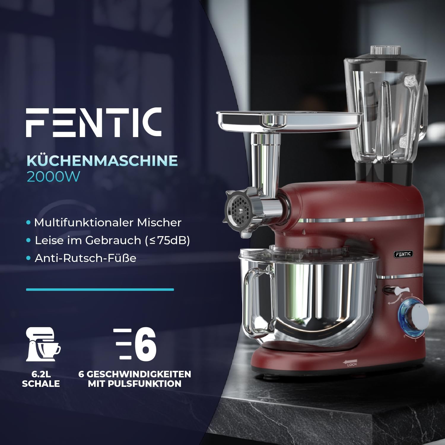 Fentic 6-in-1 Küchenmaschine – 2000W – Mit Fleischwolf, 1,5L Entsafter, Gemüseschneider und Mehr – Knetmaschine mit 6,2L Rührschüssel, Rührhaken, Knethaken, Schlagbesen und Spritzschutz (Schwarz)