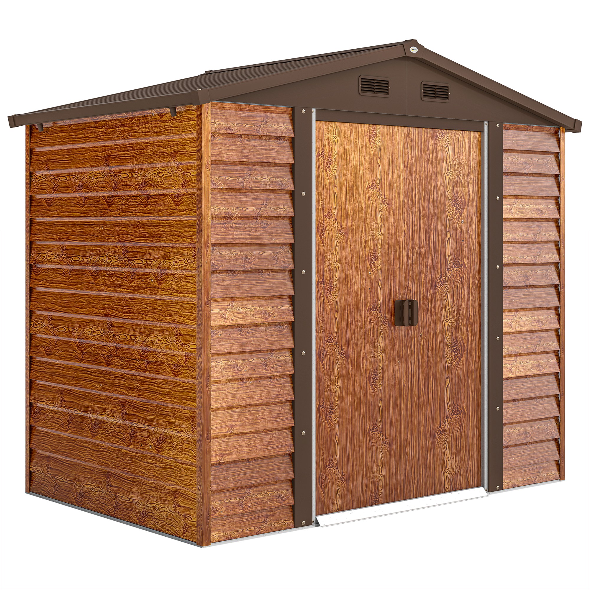 Outsunny Tuinschuur, gereedschapsschuur, tuinhuis met ramen, weerbestendig, houtlook, staal, 152 x 235,7 x 208,7 cm, Bruin
