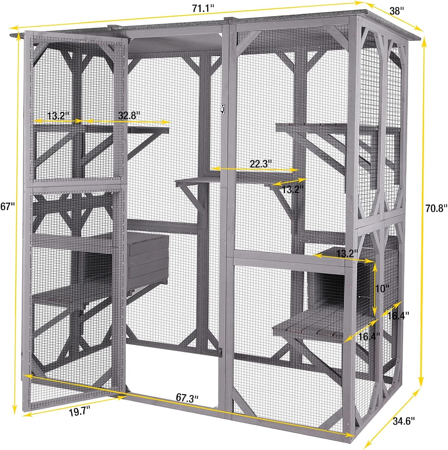 Kattenhuis Outdoor Catio Kitty Omheining met Super Grote Toegangsdeur, Houten Kattenkooi Condo Indoor Box met Platforms en Klein Huis