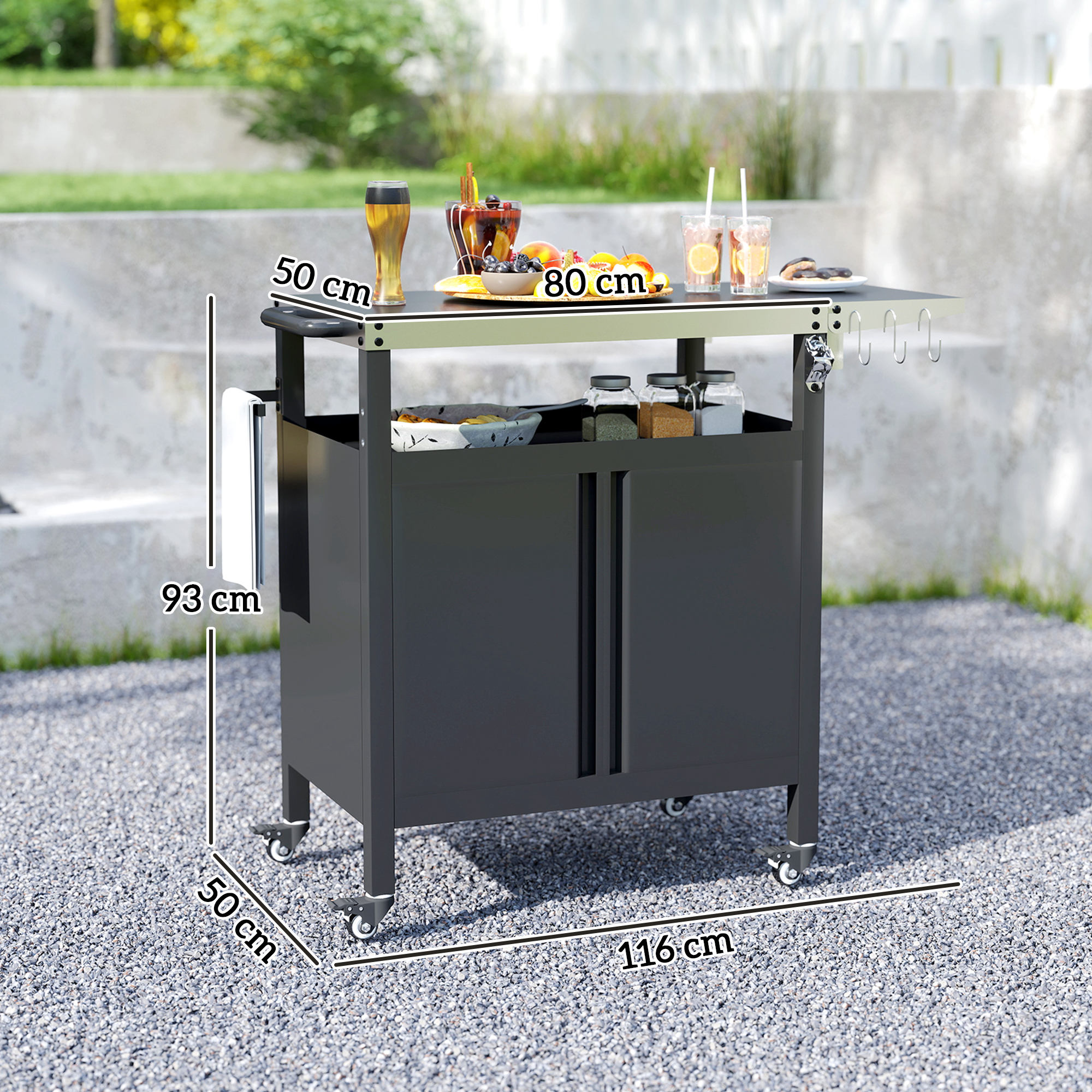 Outsunny Grillwagen met 3 Niveaus Serveerwagen met Werkblad Schrank Haken Wieltjes 116x50x93cm Zwart