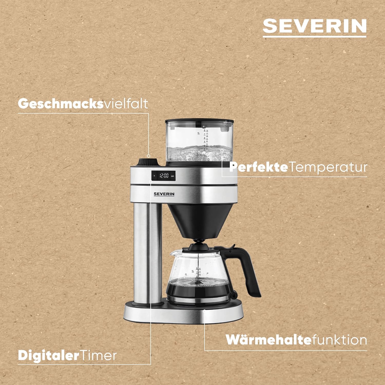 SEVERIN Filterkoffiezetapparaat Caprice, handopgegoten zoals met de cafeti��re voor maximaal 8 kopjes, koffiezetapparaat met timer, geborsteld roestvrij staal/matzwart, KA 5760
