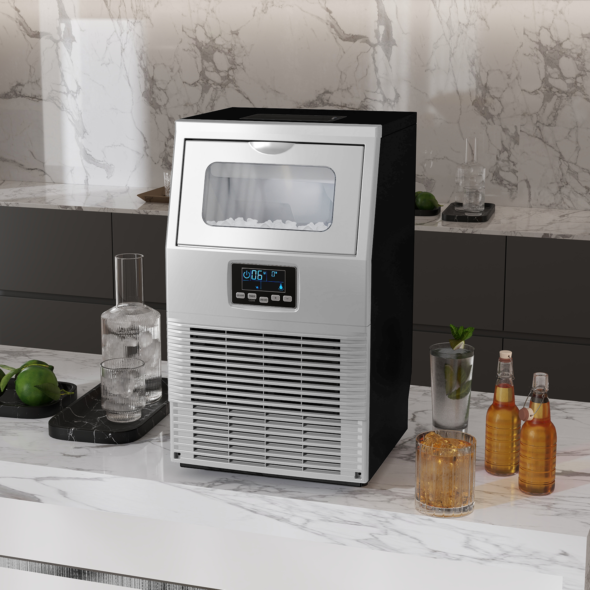 Commerci?le IJsblokjesmachine, LED-Verlichting, Makkelijk Afleesbare Displays, inclusief Schep, Zilver