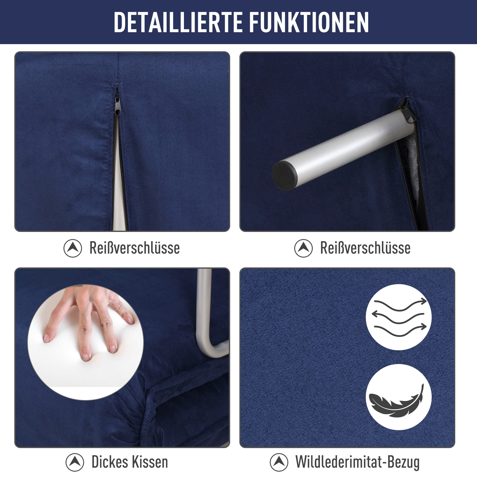 Slaapbank, 5-voudig verstelbaar, su��de-imitatie, metalen frame, incl. kussen, Marineblauw
