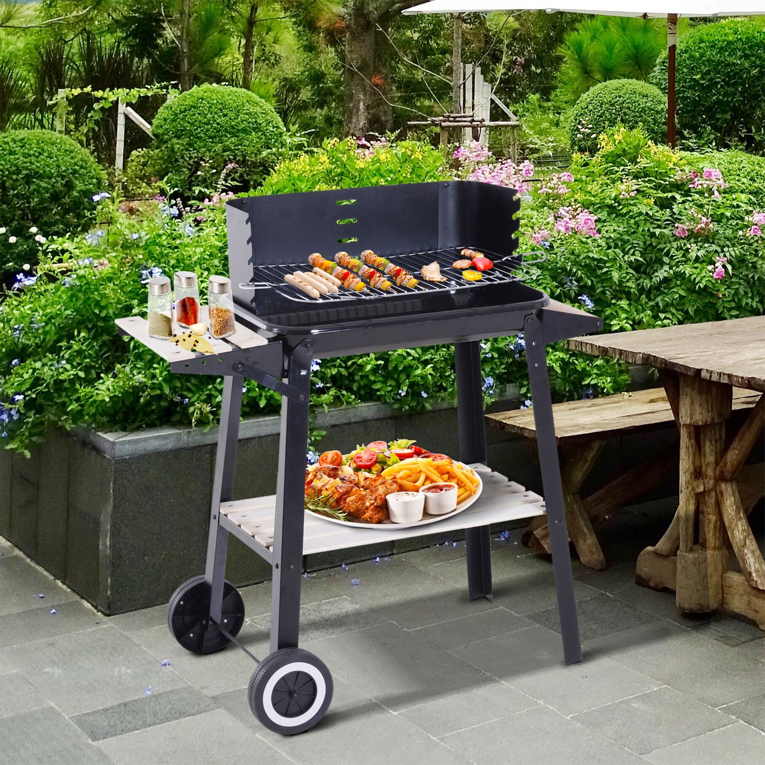 Grill węglowy Outsunny z kółkami i półką 83x37x87 cm, czarny