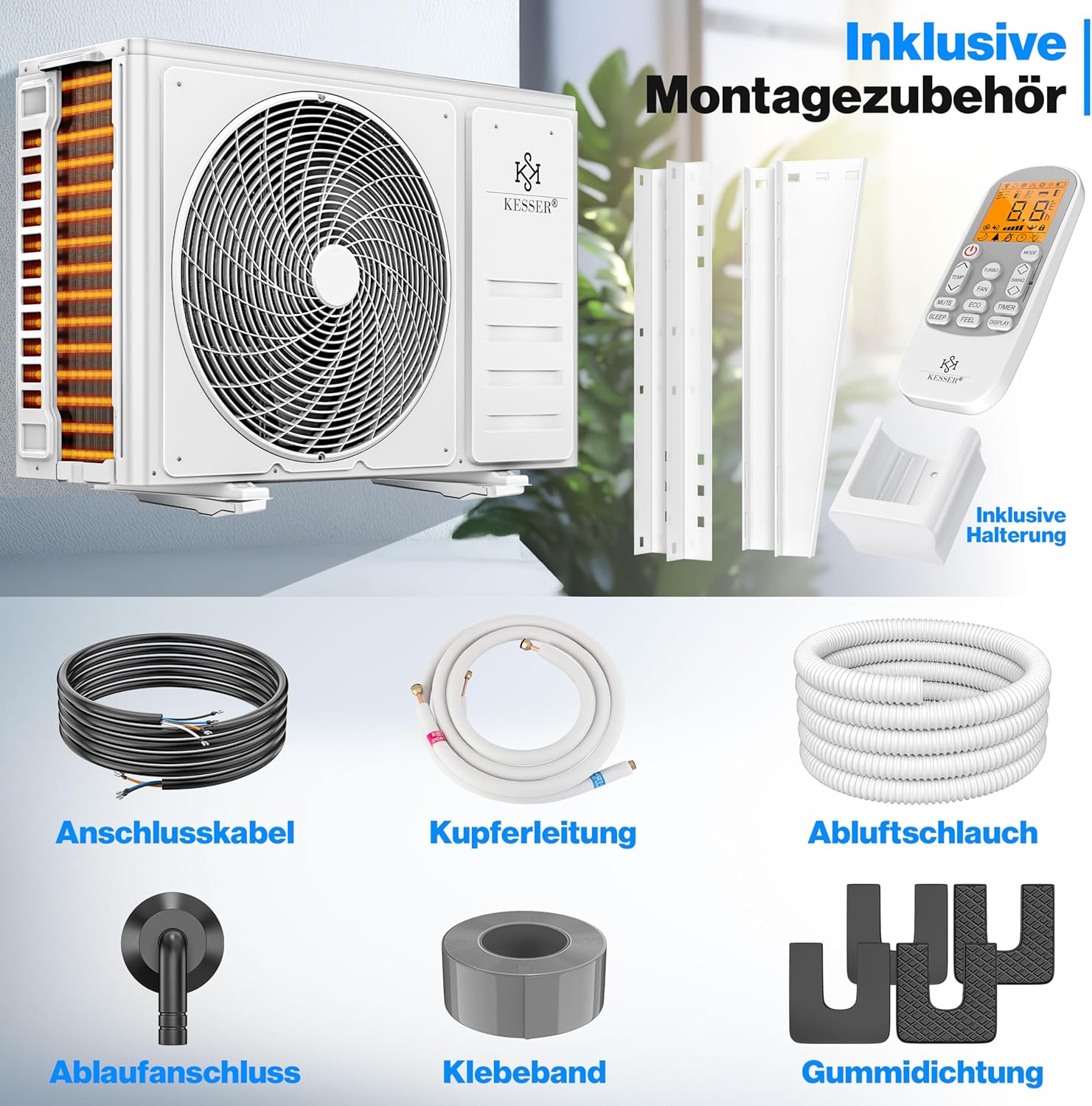 KESSER® Klimaanlage Set Split, WiFi/App Funktion Klimagerät, Kühlen A++/Heizen A+ -9000 BTU/h (2.600 W) sehr leise, Kältemittel R32, Fernbedienung, Timerfunktion, Montagematerial [Energieklasse A++]