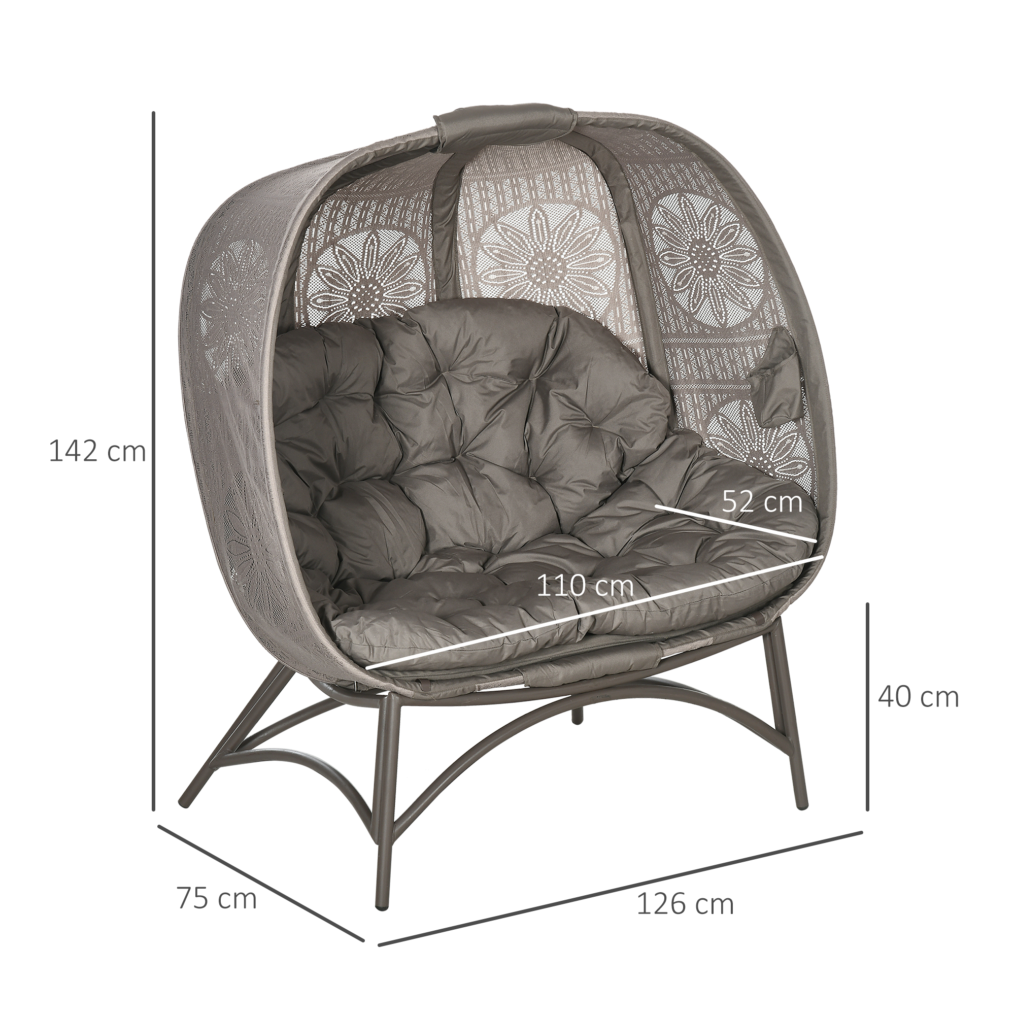 Outsunny tuinstoel 2 zits, rieten stoel met opvouwbare mand, kussens, staal