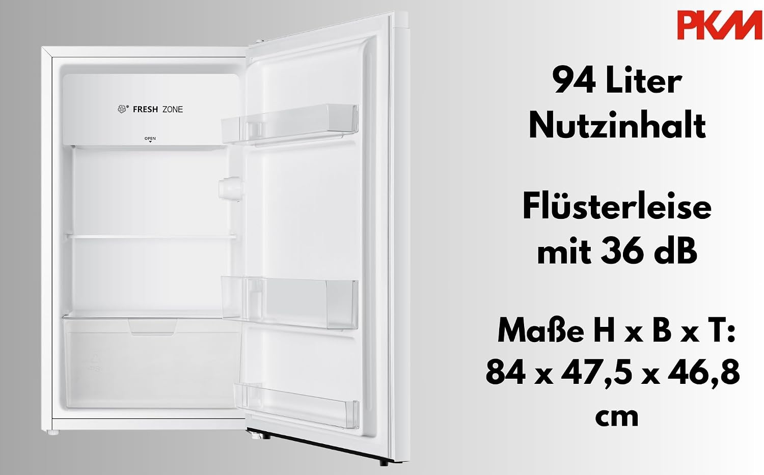 PKM KS93E Kühlschrank mit Kaltlagerzone | 94 Liter | Weiß | Sehr leise mit 36 dB | Wechselbarer Türanschlag | 1 Gemüseschublade | 47,5 cm Breite | Regelbares Thermostat | Energieeffienzklasse E