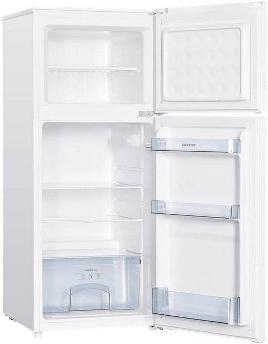 Frigorifico Dos Puertas Infiniton FG-151D12BEV, 151 Litros, 122 cm de Altura, Ancho de 50 cm, Ciclico, LED Interior, Regulación en altura, E, Blanco