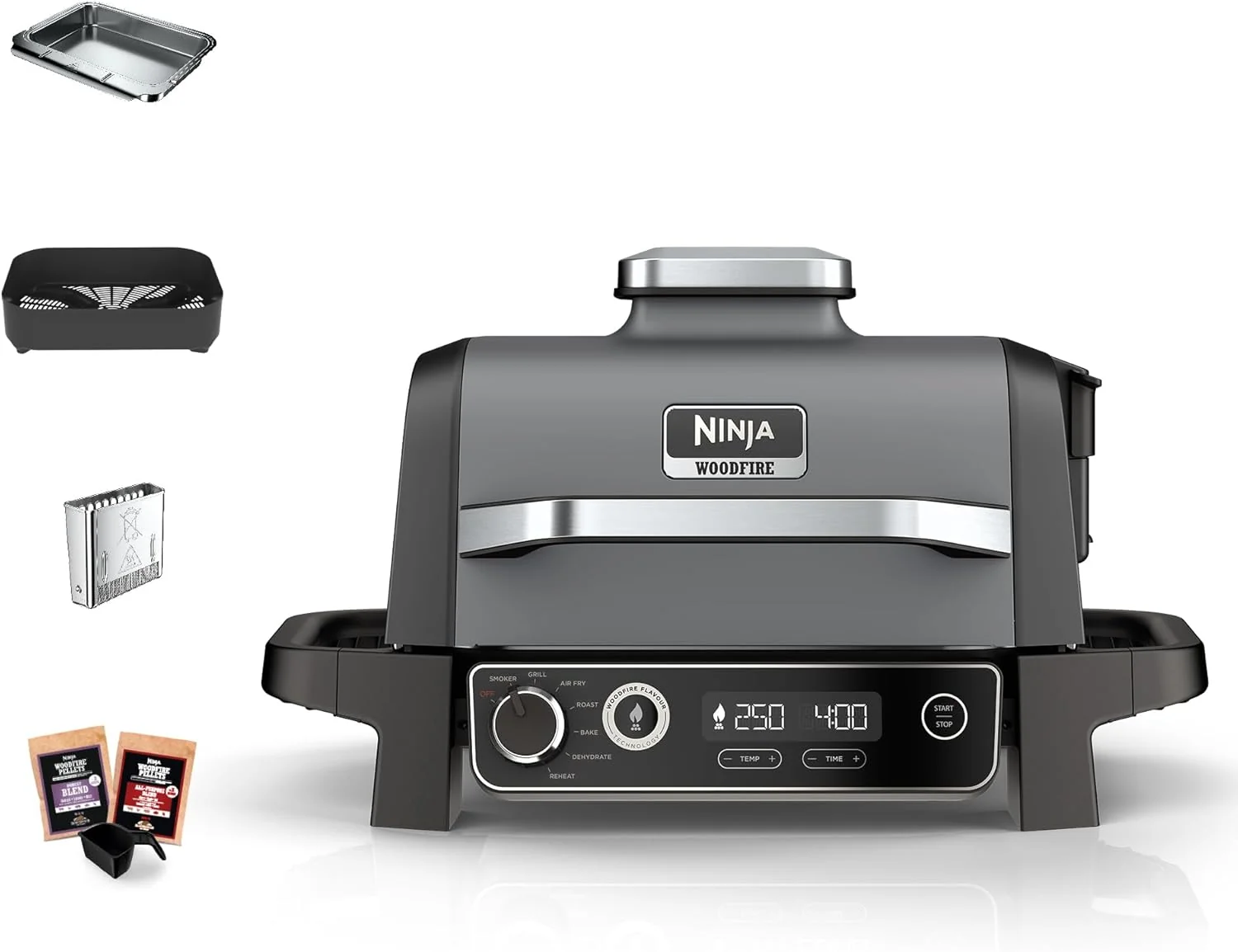 Ninja Woodfire Pro Connect XL Grill elektryczny BBQ I wędzarnia ze sterowaniem za pomocą aplikacji, 2 cyfrowymi sondami, dużym grillem zewnętrznym i smażeniem beztłuszczowym 7 w 1, OG901EUAMZ