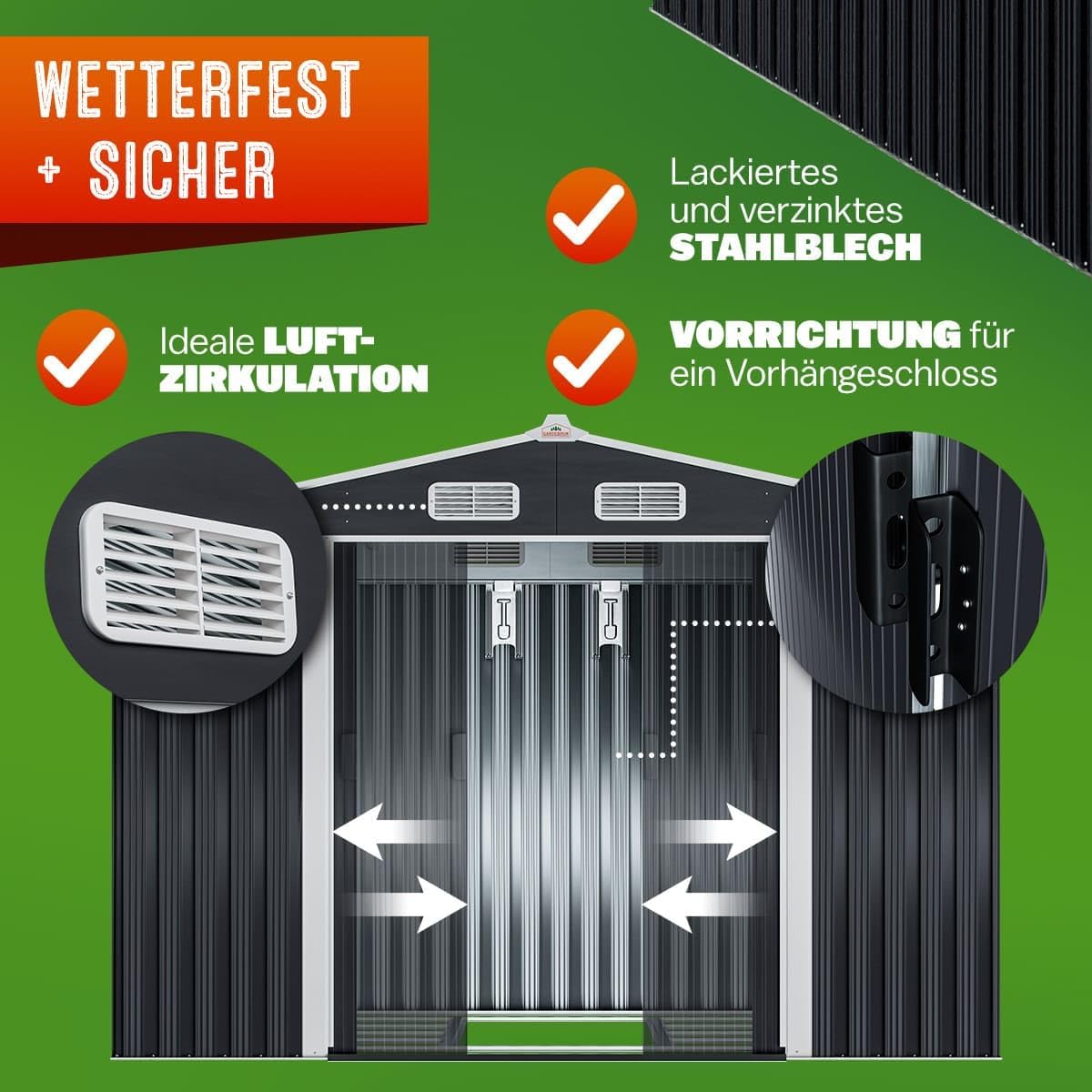 GARDEBRUK® XXL Metall Gerätehaus 5m² mit Fundament 257x205x178cm Schiebetür Anthrazit Geräteschuppen Gartenhaus 9m³