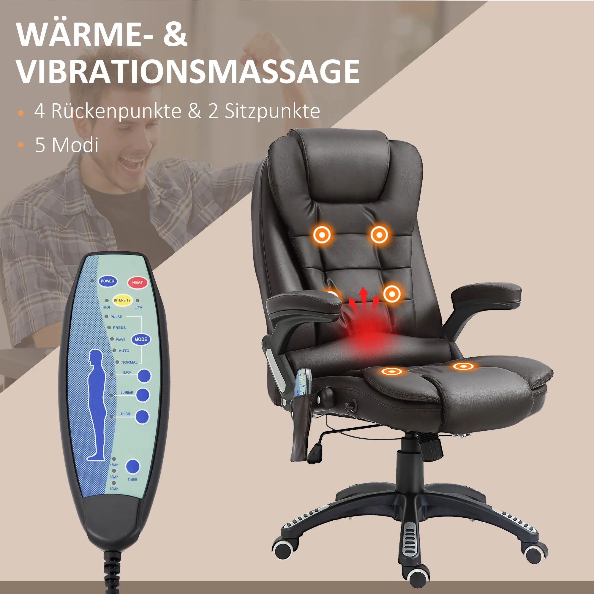 HOMCOM Bureaustoel Directiestoel Massagefunctie Warmtefunctie in hoogte verstelbaar