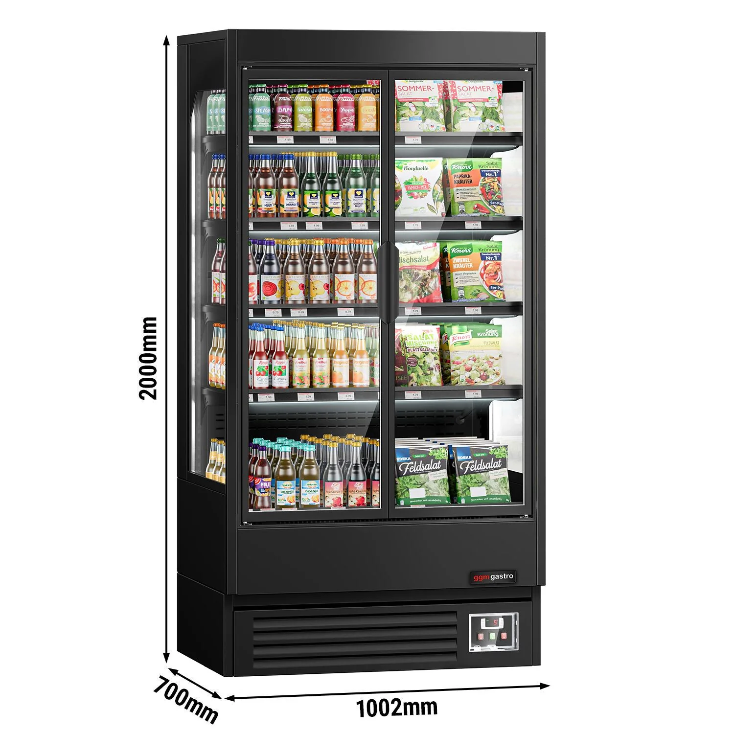 Kjølereol - 1 002 mm - 440 l - +1 °C til +5 °C - med 2 hengslede glassdører, med dobbelt isolerglass & 4 hyller - lukket bakvegg - svart