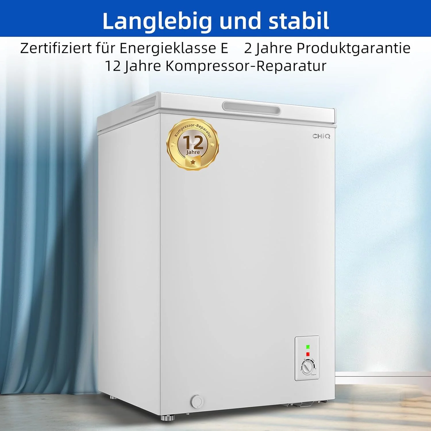 CHiQ FCF98DE Vrieskist 99 L, 54,5 x 47,6 x 83,5 cm, 4-sterrenvriezer, Thermostaatregeling, Draadmand, Balancerende deur, Stil, Wit