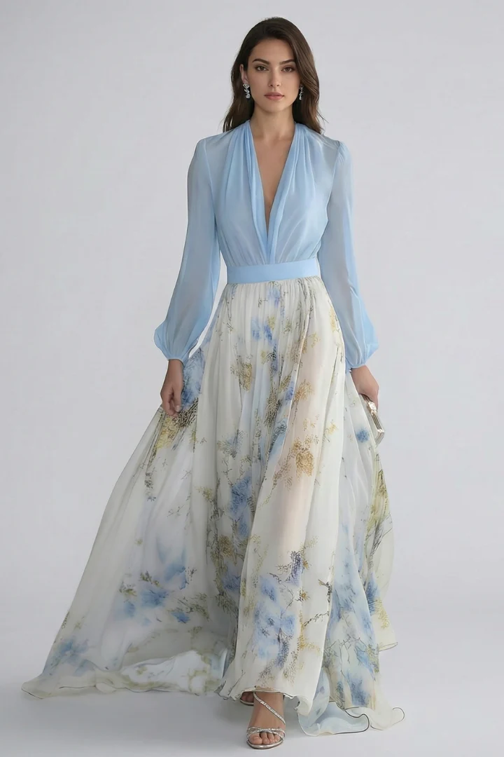 Damen Maxikleid mit V-Ausschnitt und transparenten ?rmeln | Flie?endes Langarmkleid mit Taillenbund und Allover-Print