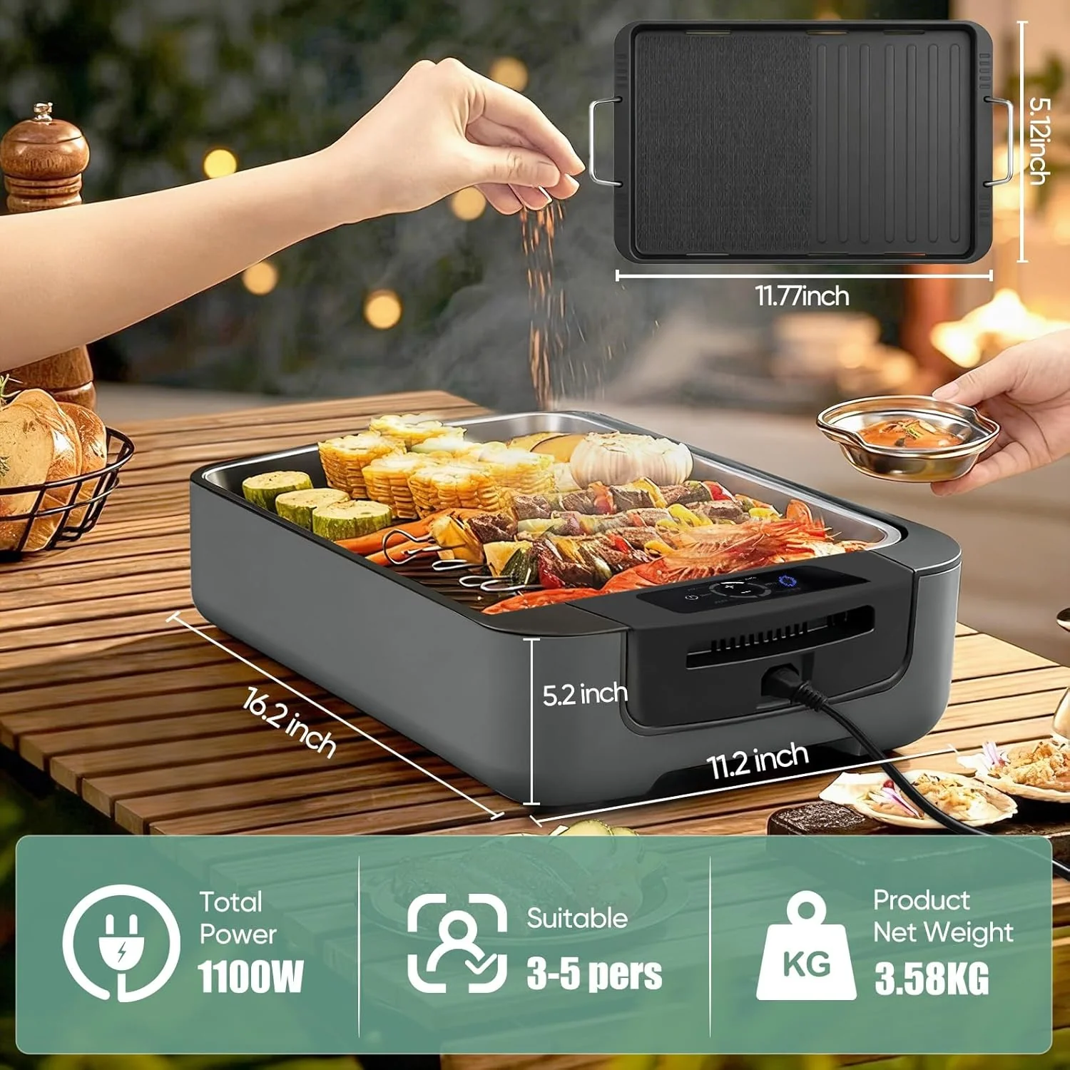 Smokeless Indoor Grill. Electric Indoor Grill for Korean BBQ with Dual-Turbo Smoke Extractor. LED Smart Display & Dual-Zone Nonstick Grill Plates. 6-Level Temp Control. Dishwasher Safe
