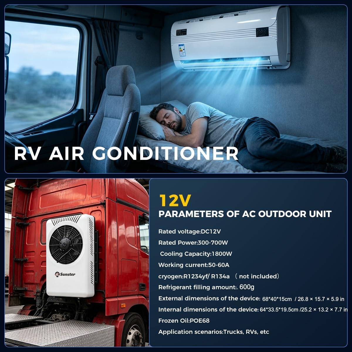 Sunster Split Klimaanlage Wohnwagen, Electric AC Unit 12 Volt Fit für Wohnmobile Bus Anhänger Traktoren Camper Van Parken Klimaanlage Schnelle Kühlung Low Noise