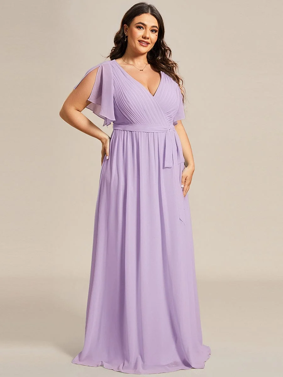 Abendkleid Damen Maxi A-Linie aus Chiffon | Festliches Kleid f��r Hochzeitsg?ste mit V-Ausschnitt und Fl��gel?rmeln
