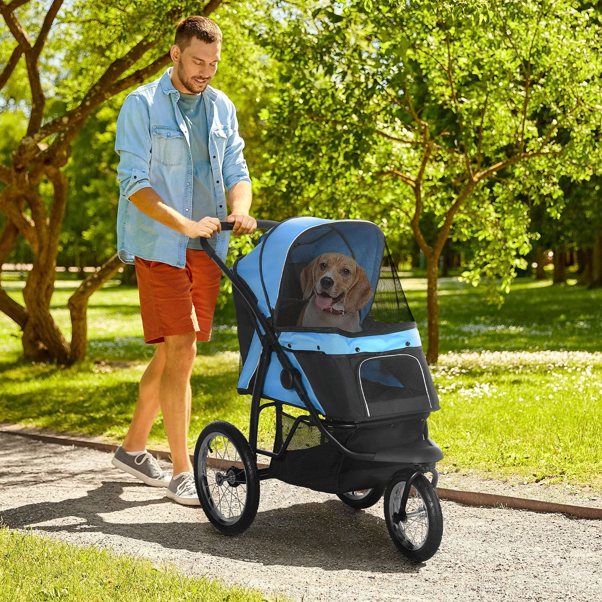 PawHut hondenkinderwagen, opvouwbaar, zonnescherm, gaasvenster, opbergmand, blauw, 111 x 58 x 107 cm