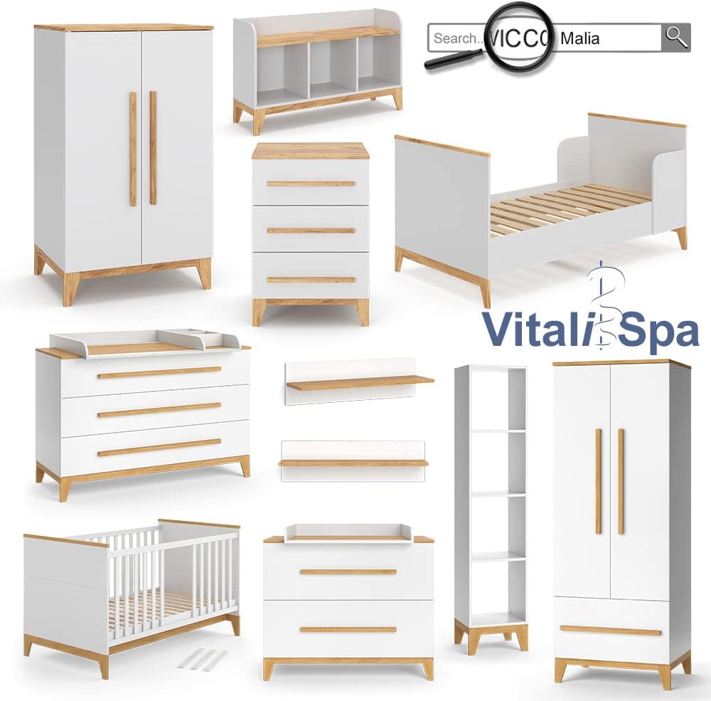 VitaliSpa Wickelkommode Malia, Weiß/Eiche, 133 x 98 cm XL mit 3 Schubladen