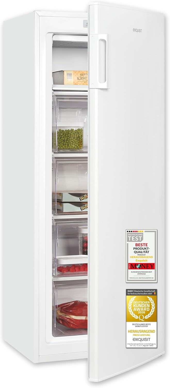 Exquisit Gefrierschrank | 168 l Nutzinhalt, Energieeffizienzklasse D, 40 dB(A) | hohe Bauform, 4-Sterne-Gefrieren, manuelle Temperaturregelung, wechselbarer Türanschlag | GS5230-H-040D weiss