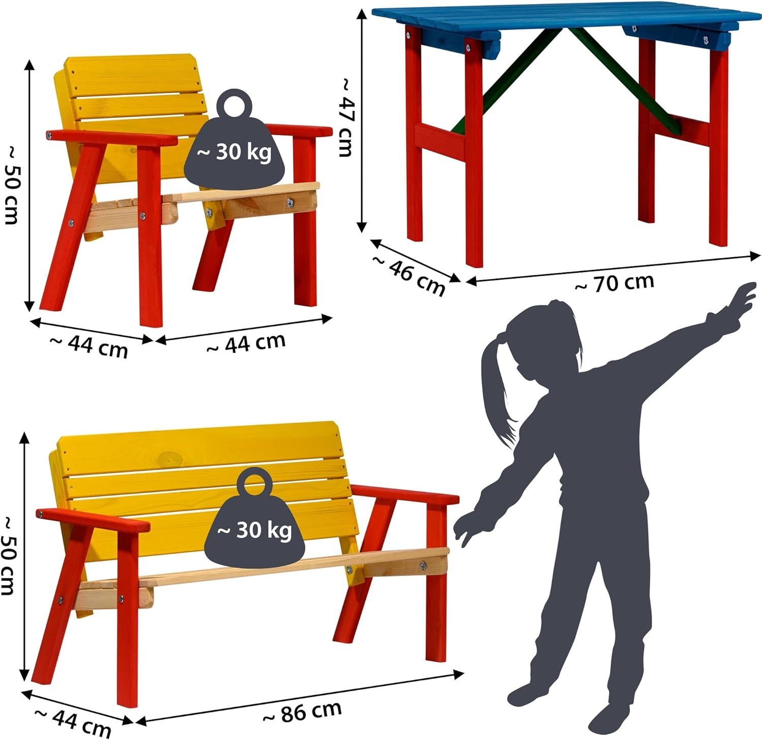 dobar® 94370FSC Kinder Outdoor Sitzgruppe 4 Plätze | 1 Bank, 2 Stühle, 1 Tisch | Picknickgarnitur für Kinder | Kindersitzgruppe Massivholz für Garten/Terrasse | Wetterfest Kindersitzgarnitur | Bunt, Mittel