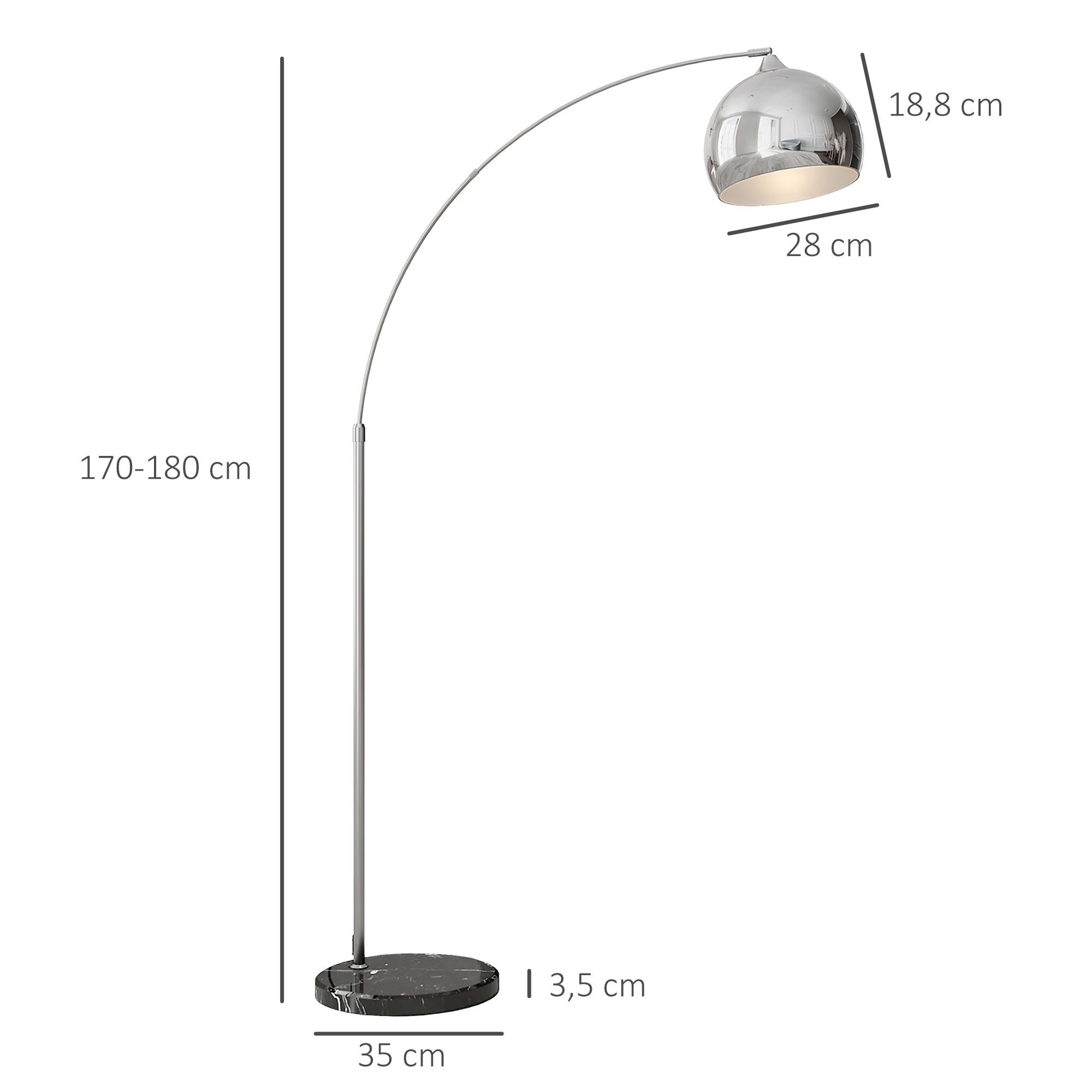 Booglamp, Staande Lamp, Verstelbaar, Voetschakelaar, Voet in Marmerlook, 170-180cm, Zilver/Zwart