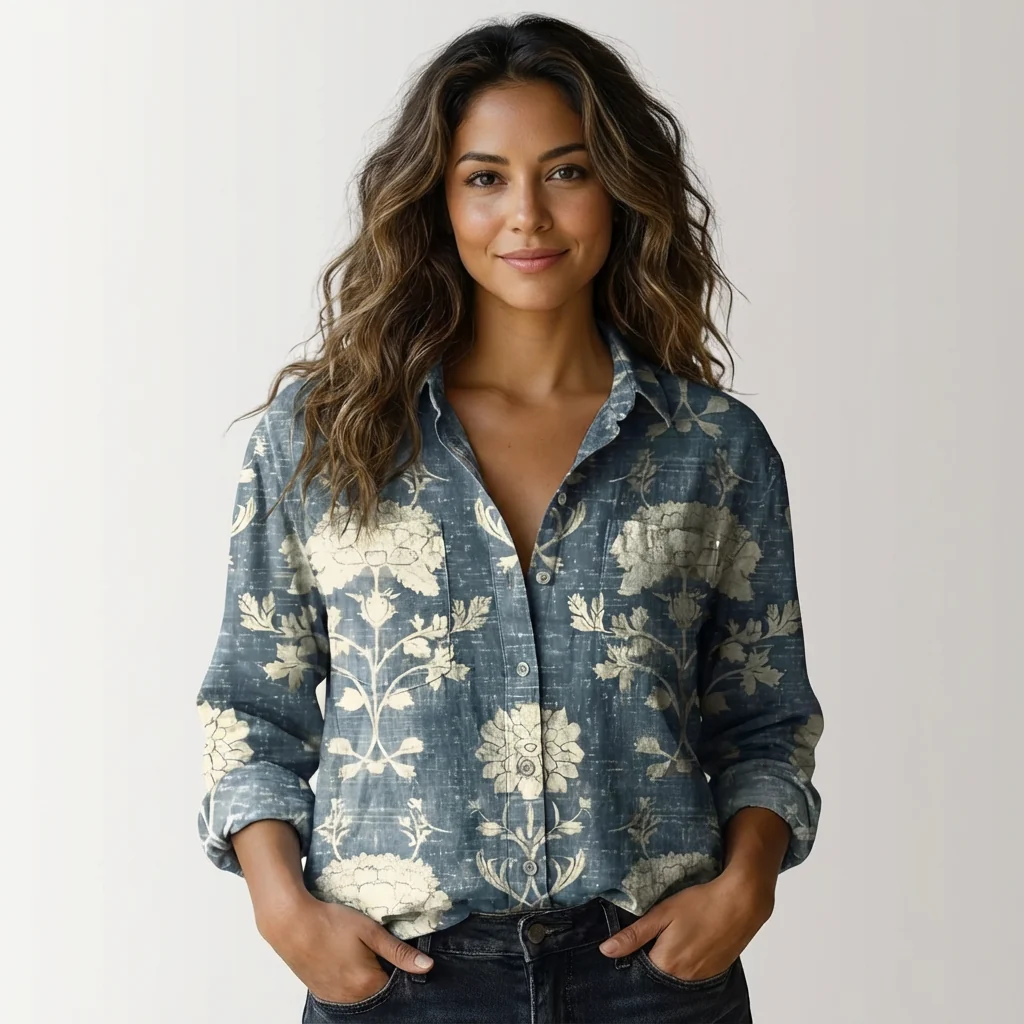 Damen Bluse mit botanischem Print | Leichtes Sommerhemd mit Knopfleiste | Luftiges Oberteil f��r Freizeit und den Urlaub