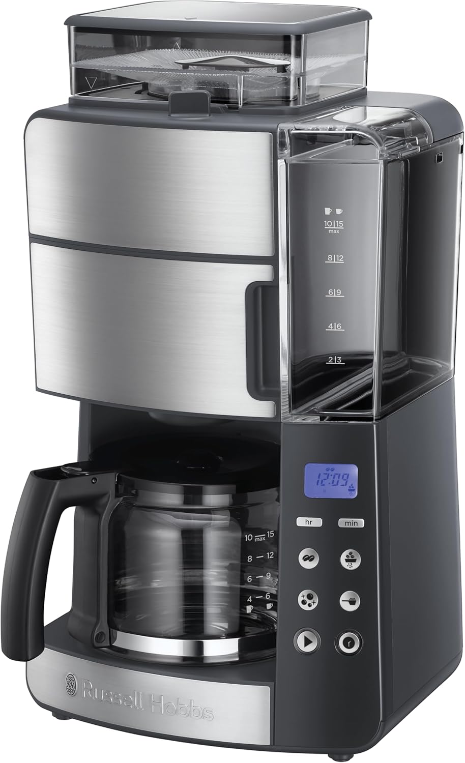 Russell Hobbs Kaffeemaschine mit Mahlwerk Glaskanne [Digitaler Timer, Brausekopf für opt. Extraktion & Aroma] Grind&Brew (1 bis 10 Tassen, 3-stufige Mahlgradeinstellung) Filterkaffeemaschine 25610-56