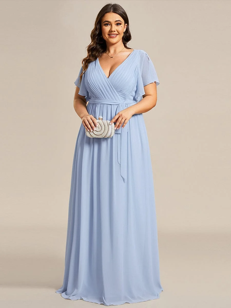 Abendkleid Damen Maxi A-Linie aus Chiffon | Festliches Kleid f��r Hochzeitsg?ste mit V-Ausschnitt und Fl��gel?rmeln